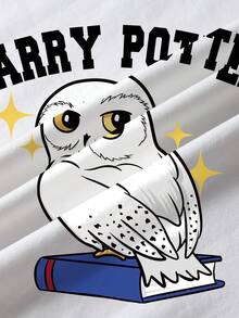 HARRY POTTER X SHEIN 青少年女孩圓領字母鳥圖案休閒日常短袖T恤 - 白色 - 查看 3