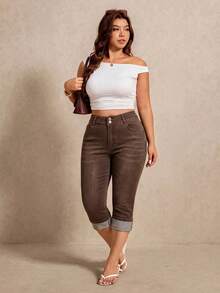 Elaquor Plus Size Casual Washed Slim Fit Jeans Fall - Brown - View 7