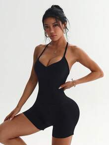 Gameset SHEIN Sport Women's Seamless Yoga Gym Sports Athletic Sexy Halter Neck Romper Black Summer - Black - View 5