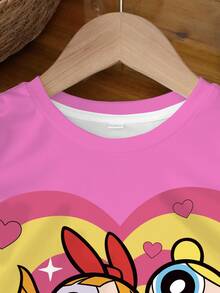 THE POWERPUFF GIRLS X SHEIN 女嬰圓領卡通印花休閒日常短袖上衣 - 白色 - 查看 3