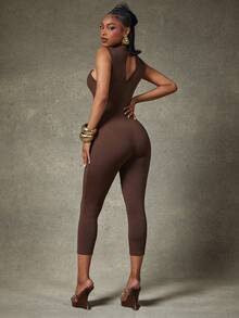 Denimoi Chain Detail Cut Out Sexy Jumpsuits Summer Vacation GNO Clubwear Concert Outfits Going Out - Brown - View 4