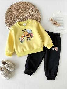SHEIN Playful Pals 幼童女嬰運動衫運動褲套裝 可愛黃黑蜜蜂圖案花朵 長袖圓領 度假秋季 爸爸的小女兒 - 彩色 - 查看 10