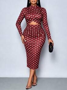 SOLERSUN Plus Size Women Polka Dot Ruched Long Sleeve Dress Daily Commute Shopping Autumn Party Night Burgundy Elegant Sexy - Coffee Brown - View 2