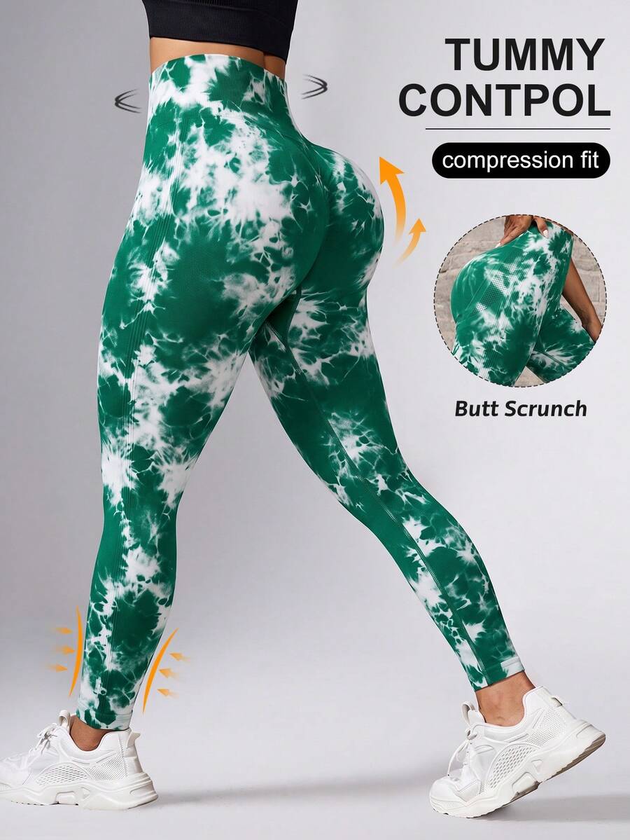 SHEIN Sports 女款紮染高腰日常健身運動緊身褲 - 綠色 - 查看 1