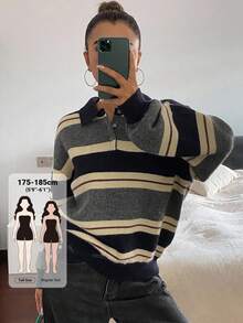 Livesso Tall 女款條紋套頭休閒毛衣 秋季 - 灰色 - 查看 1