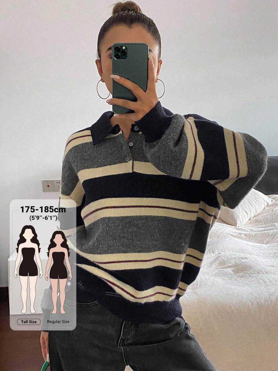 Livesso Tall 女款條紋套頭休閒毛衣 秋季 - 灰色 - 查看 1