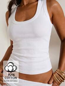 Opulessa Top de tirantes ajustado de punto de unicolor para mujer, primavera/verano vacaciones - Blanco - Ver 8