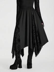 Breakform Gothic Halloween Stretch Skirt With Flocked Panels And Sheer Bell Sleeves-Vintage  Print, Dark Romantic Styl - Black - View 5