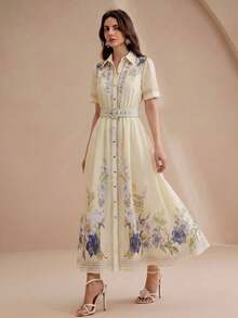 Anewsta Spring/Summer Pale Yellow Premium Position Print Shirt-Style Short Sleeve Long Dress For Women - Light Yellow - View 6