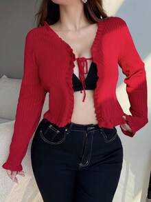 Dazy Plus V-Neck Tie-Front Fitted Sexy Red New Year Christmas Long Sleeve Cardigan Sweater, Spring/Autumn - Red - View 4
