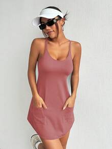 Easithlete Easithlete Vestido de unicolor para mujer con 2 en 1, con bolsillos y tirantes de espagueti - Rosa vieja - Ver 6