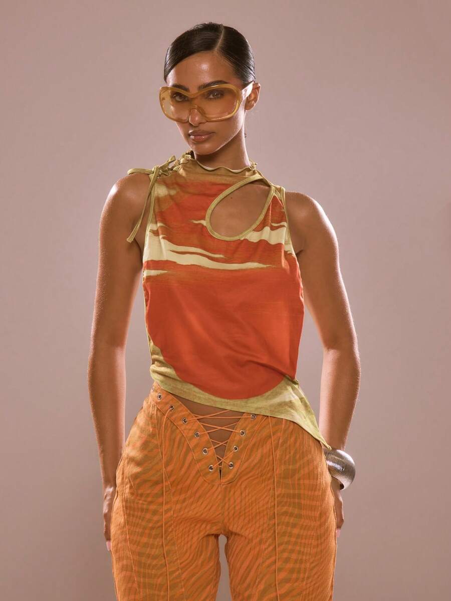MUSERA Orange Contrast Mesh Cutout Detail Top Winter Party Fun Festival ...