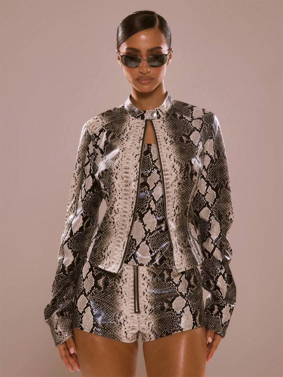 MUSERA Snake Print PU Leather Zip Up Popper Neck Cropped Jacket Autumn Party Night Club Night Out Fun Festival Women Clothing Black And White Street Rave - Multicolor - View 1