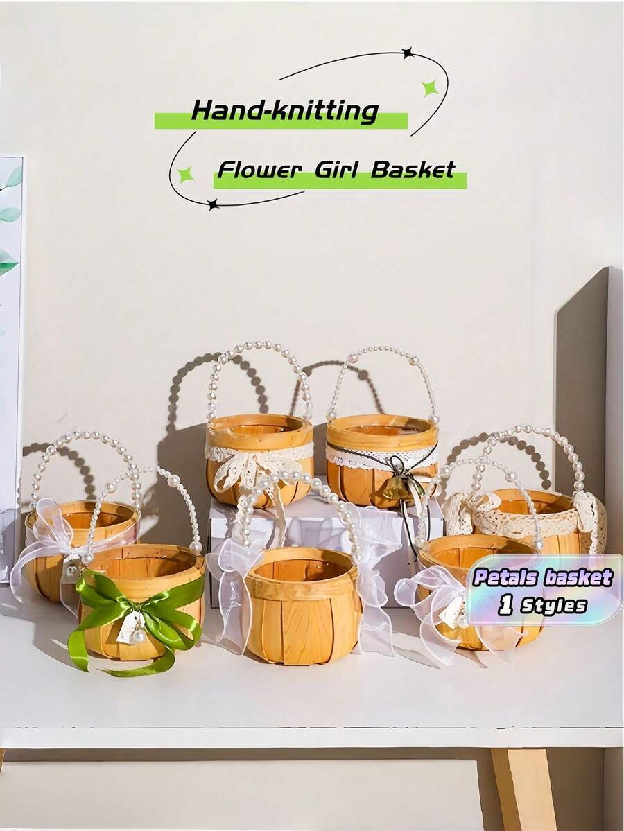 1PC Woven Round Wedding Flower Girl Basket - Pearl Handle Bow Decoration For Petals Throwing Bridal Accessory - bow - View 1