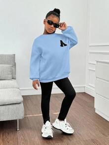 SHEIN Leap Crew Tween女孩寬鬆休閒字母貼布繡大尺寸落肩衛衣與緊身秋季長褲套裝 - 淺藍色 - 查看 3