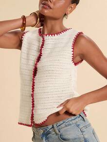 Travachic Women's Floral Bud Trim Single-Breasted Knit Vest Brunch Vacation Red And White Stripe Summer Boho Casual - White - View 1