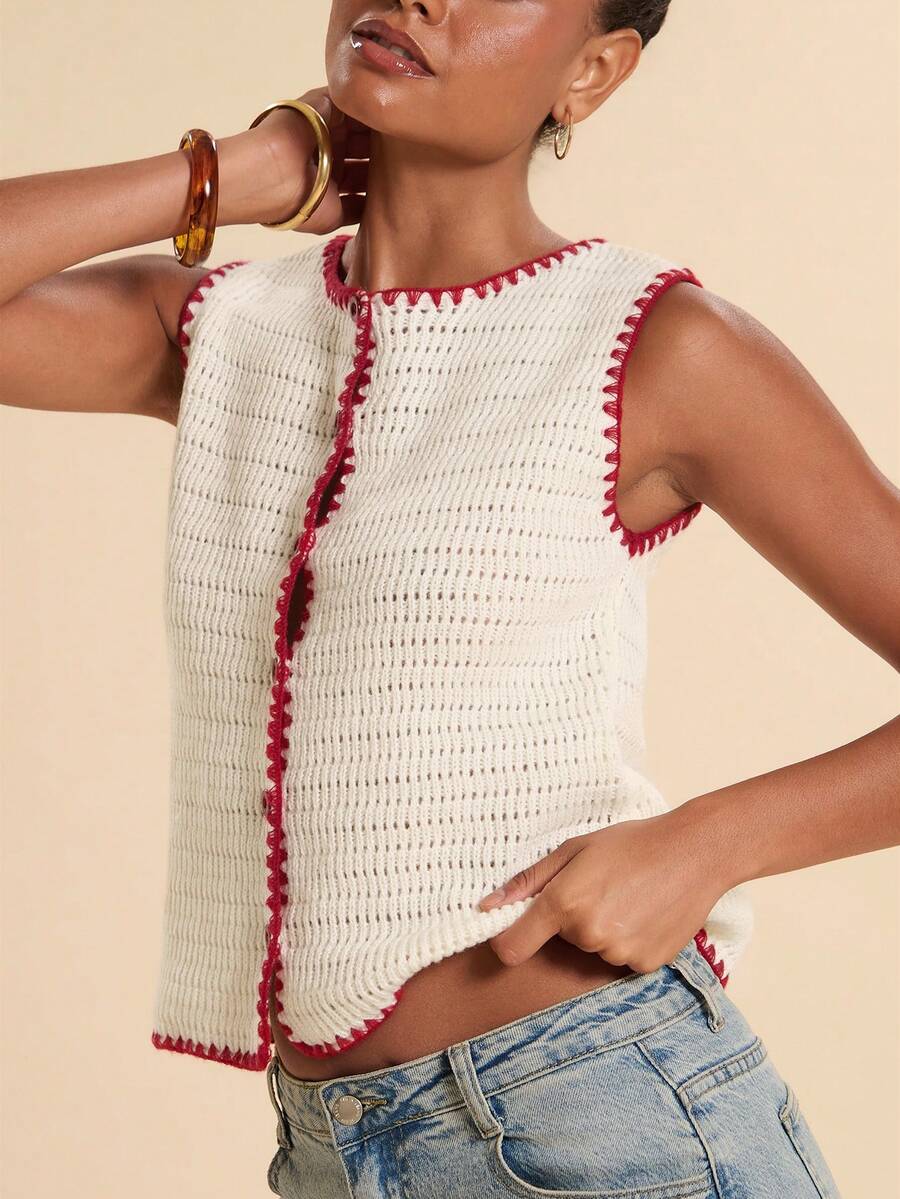 Travachic Women's Floral Bud Trim Single-Breasted Knit Vest Brunch Vacation Red And White Stripe Summer Boho Casual - White - View 1