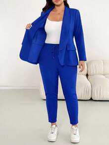 Shapeblank Plus Size Casual Commute Solid Color Jacket & Pants 2 Pieces Set Fall - Royal Blue - View 5