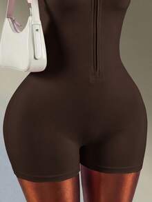 Amplova Women's Simple Zip-Up Drawstring Waist Sports Jumpsuit, Summer Spring&Summer Workout Exercise And Body Shaping, High Elasticity - Coffee Brown - View 9