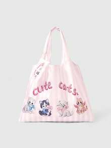 ROMWE Goth Cute Cat Pink And White Striped Bow Shoulder Bag Handbag Portable Shopping Bag - Pink White - View 1
