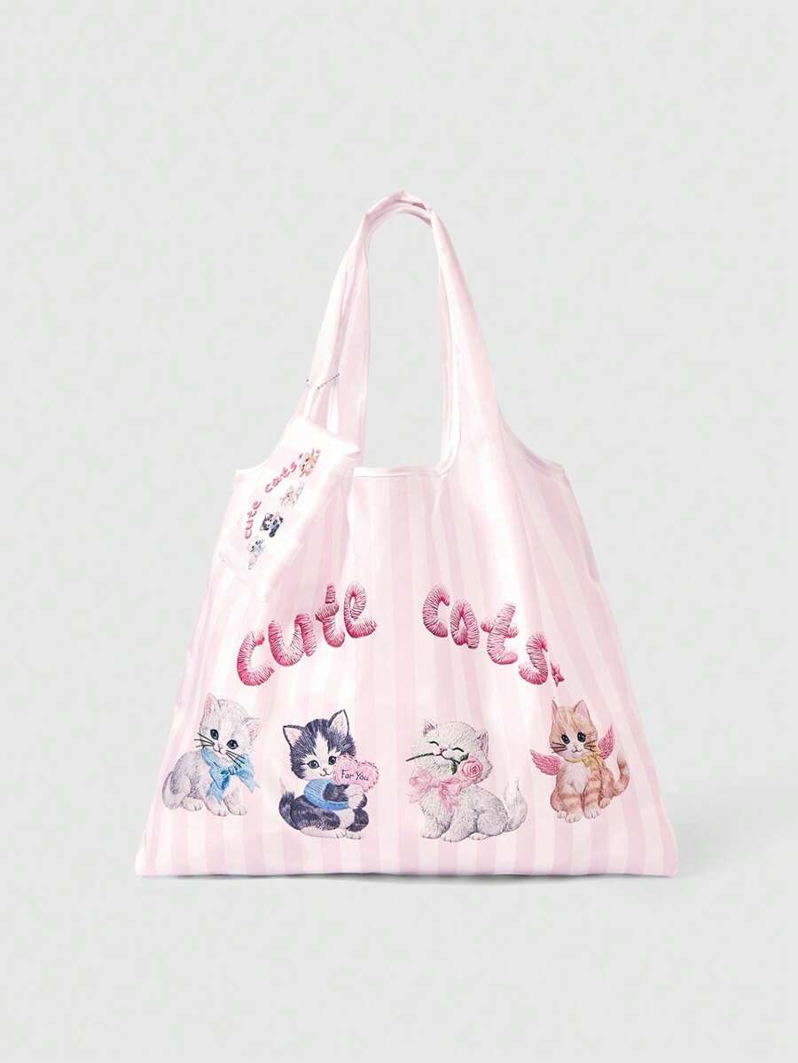 ROMWE Goth Cute Cat Pink And White Striped Bow Shoulder Bag Handbag Portable Shopping Bag - Pink White - View 1
