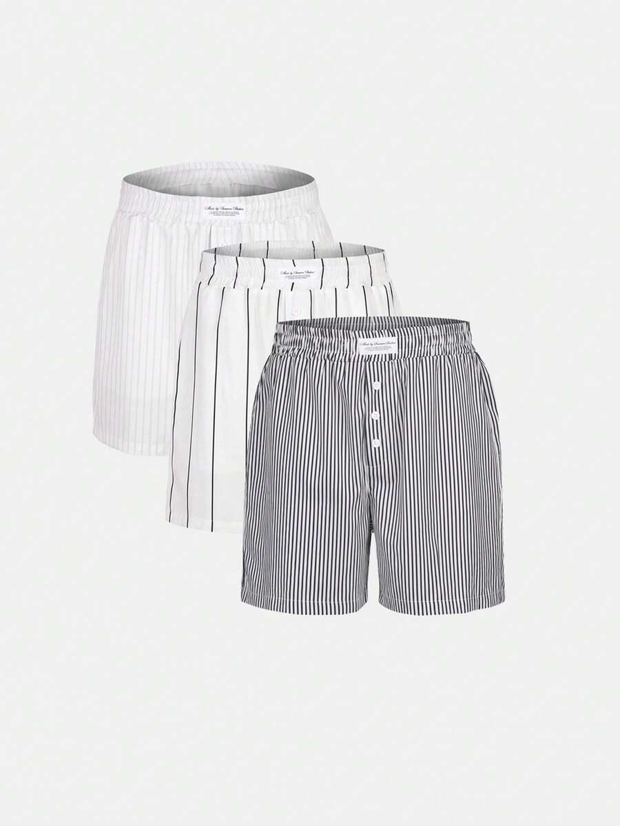 SUMWON Striped Woven Boxer Shorts 3-Pack With Elastic Waistband And Button Fly For Everyday Loungewear And Summer Comfort - Multicolor - View 1