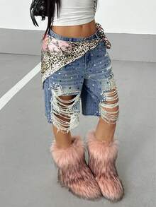 StreetHx Shorts vaqueros con strass desgastados estilo Y2K - Azul lavado medio - Ver 5