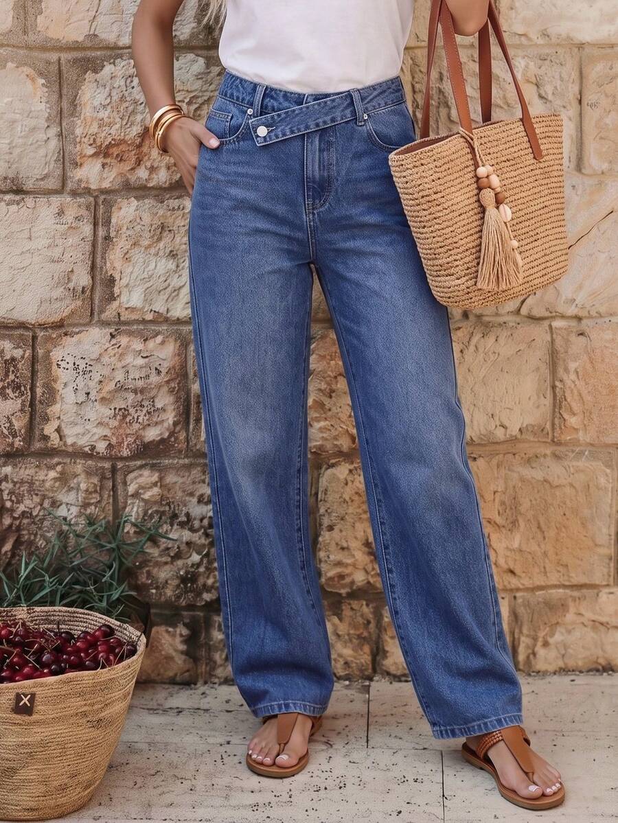 EMERY ROSE Quần Jeans Ống Đứng Dáng Rộng Có Túi Eo Bất Đối Xứng Cho Nữ - Rửa tối - Xem 1
