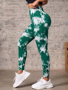 SHEIN Sports 女款紮染高腰日常健身運動緊身褲 - 綠色 - 查看 4