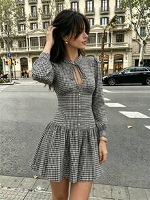 SHEIN PariChic Black White Gingham Tie Neck Petal Sleeve Slim Waist Ruffle Hem Mini Dress - Black and White - View 3