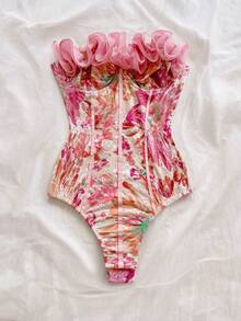 Soleia Plus Size Women's Sweet 3D Lace Trim Bustier Bodysuit With Boning - Pink - View 7
