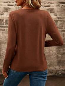 EMERY ROSE Spring/Autumn Casual Versatile Solid Color Notch Neck T-Shirt - Rust Brown - View 2