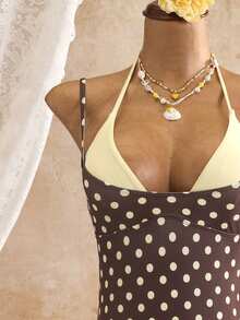 SHEIN Swim 春夏性感復古波點連身女款泳衣，2合1綁帶露背度假泳裝，性感辣妹波點掛脖海灘泳衣，夏季度假海灘溫泉百搭泳裝，蝴蝶結連身女款泳衣 - 棕色 - 查看 7