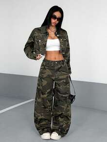 SHEIN HypeZone 春秋休閒迷彩印花短版牛仔夾克 - 軍綠色 - 查看 5