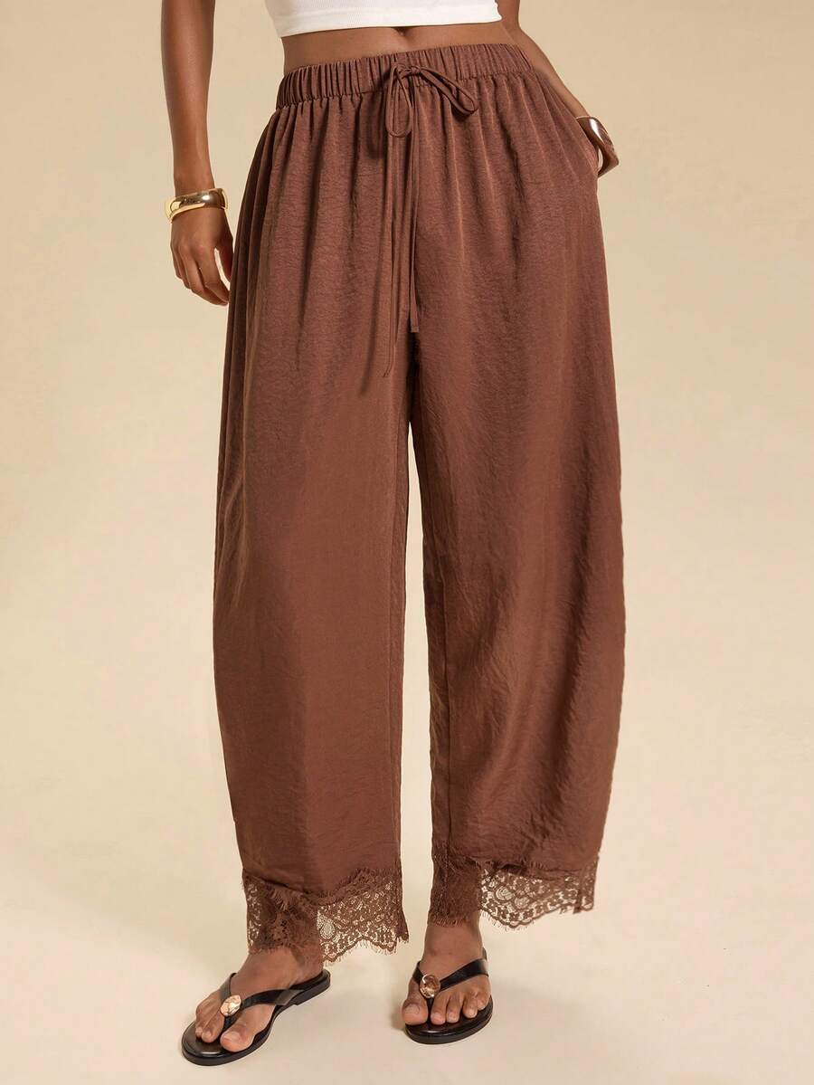 Travachic Women's Solid Color Contrast Lace Trim Lantern Pants Loose Casual Elastic Waist Long Pants Squishy's - Coffee Brown - View 1