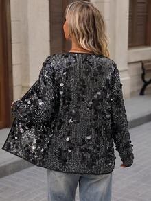 Brillora Women's Open Front Beaded Sequin Party Night Club Jacket For Autumn/Winter Travel And Halloween Black And Silver Sexy - Black - View 2