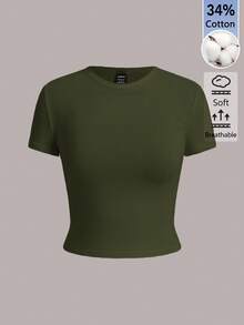 SHEIN BASICS 女款純色休閒圓領短袖短版T恤上衣 白色上衣 - 軍綠色 - 查看 1