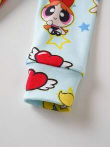 THE POWERPUFF GIRLS X SHEIN 女嬰可愛卡通印花長袖上衣與內搭褲家居服套裝 - 藍色 - 查看 5