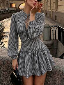 SHEIN PariChic Black White Gingham Tie Neck Petal Sleeve Slim Waist Ruffle Hem Mini Dress - Black and White - View 1