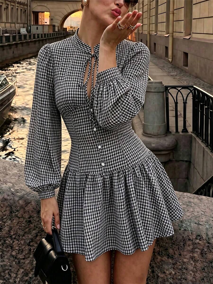 SHEIN PariChic Black White Gingham Tie Neck Petal Sleeve Slim Waist Ruffle Hem Mini Dress - Black and White - View 1