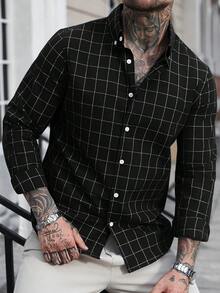 Manfinity Homme 男士藍色格紋商務長袖襯衫 - 黑色 - 查看 6