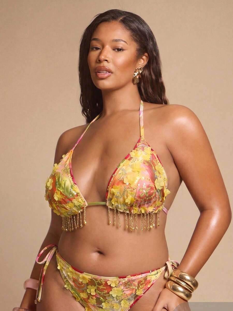 SHEIN BAE Conjunto de Bikini Talla Grande con Decoración Floral 3D de Lentejuelas - Amarillo - Ver 1