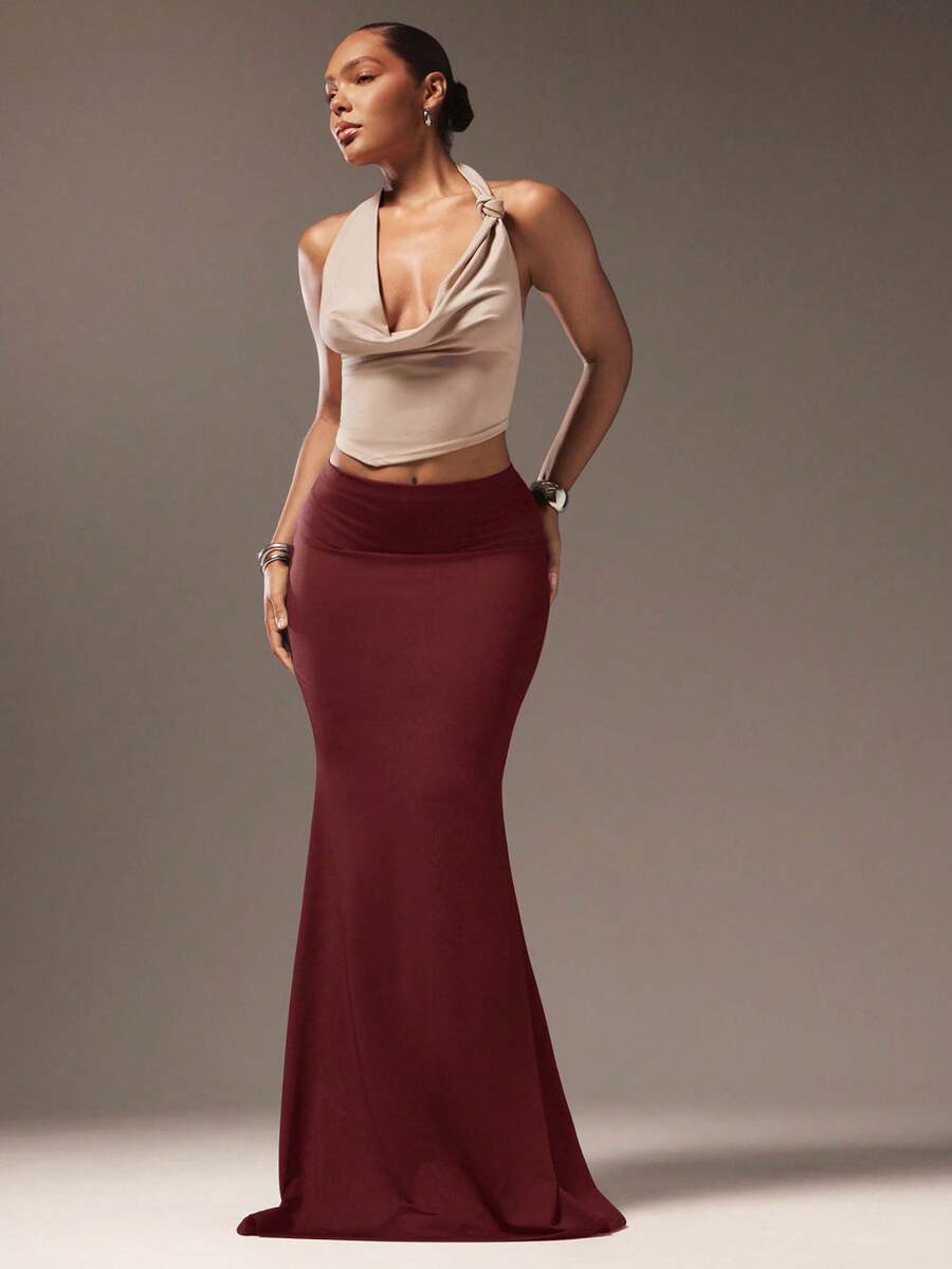 Hauture Plus Size High Waist Maxi Skirt - Burgundy - View 1