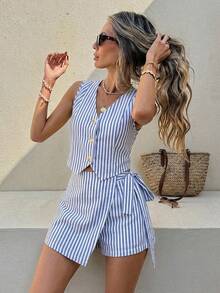 Serisse Women's Casual Vest And Shorts Set, Striped Set, Commuting, Daily, Summer Clothing, Street Style, Suitable For Daily Commuting, Dating, Gathering, Autumn/Winter, Summer, Party, Wedding, Beach, Graduation Ceremony, Elegant, Casual, Outing, Y2K, Music Festival Outfit, Holiday Clothing, Back To School Outfit - Multicolor - View 1