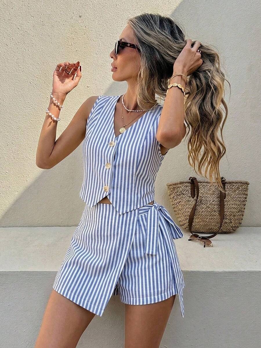 Serisse Women's Casual Vest And Shorts Set, Striped Set, Commuting, Daily, Summer Clothing, Street Style, Suitable For Daily Commuting, Dating, Gathering, Autumn/Winter, Summer, Party, Wedding, Beach, Graduation Ceremony, Elegant, Casual, Outing, Y2K, Music Festival Outfit, Holiday Clothing, Back To School Outfit - Multicolor - View 1