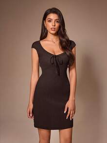 Lazeform Women's Solid Color Square Neck Tie-Front Knitted Textured Fitted A-Line Lounge Sleep Dress Holiday Lounge Dark Brown Summer Casual - Chocolate Brown - View 5