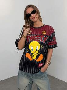 LOONEY TUNES X SHEIN 女款夏季休閒拼色條紋卡通印花T恤 - 白色 - 查看 8