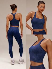 GLOWMODE Ultrafine Soft Seamless For Real Faux Denim Wash Square Racerback Tank With Removable Cups Training Workout Gym Fitness Wear - Dark Blue - View 8