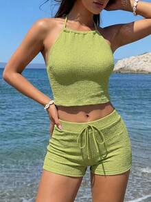 Livesso 女款夏季海灘純色掛脖綁帶式分體式比基尼上衣與泳褲兩件式泳衣套裝 - 綠色 - 查看 3