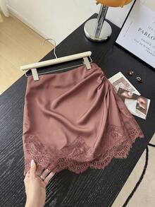 Muvela Women's Solid Color Pleated Contrast Lace Elegant Skirt - Dusty Pink - View 6